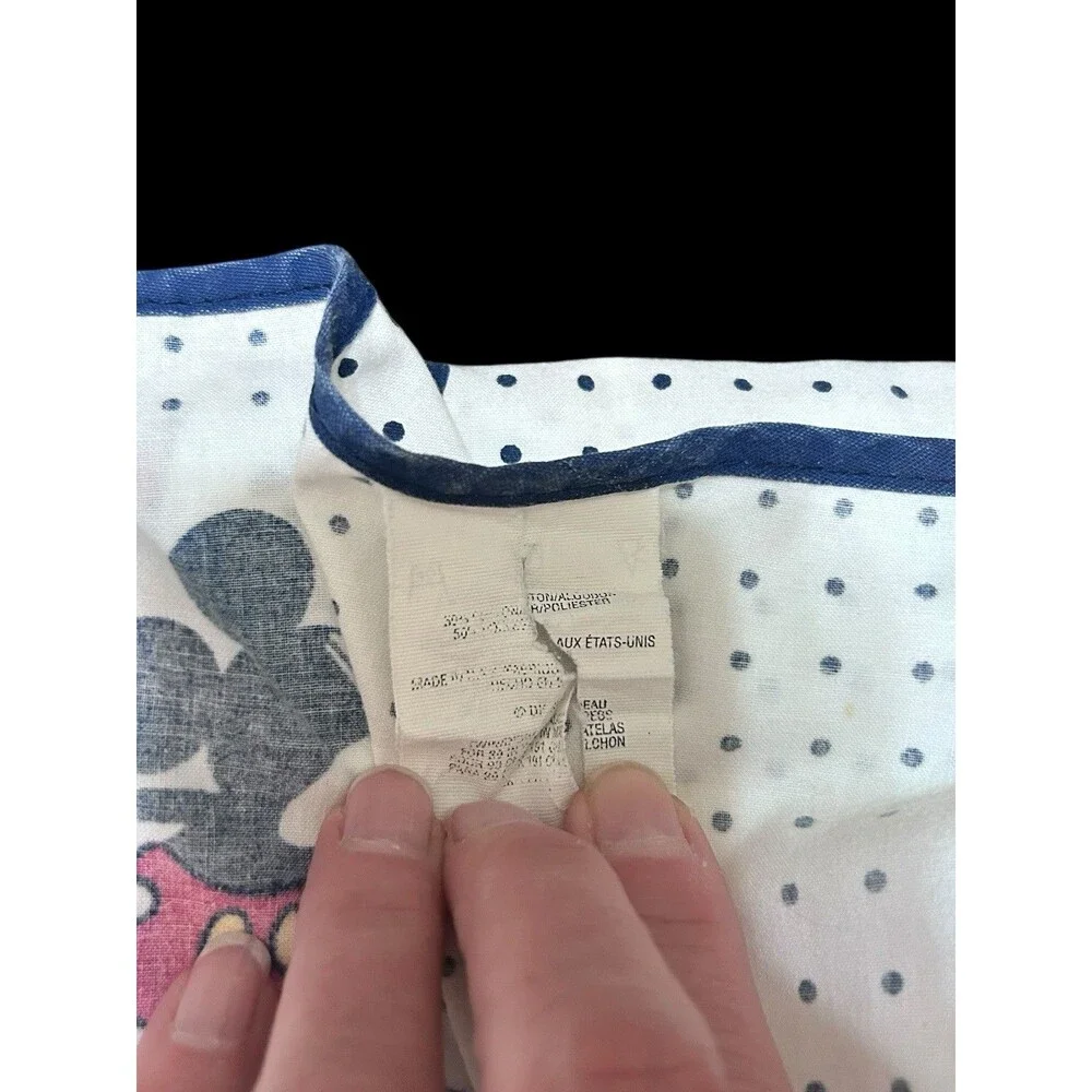 Vtg 90s Disney Mickey Mouse Flat Sheet Full White Navy Polka Dots Primary Stars
